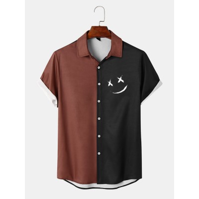 Mens Smile Face Print Contrast Patchwork Street Short Sleeve Shirts