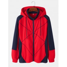 Mens Patchwork Contrast Color Zipper Casual Sports Hooded Jacket