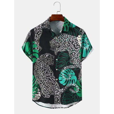 Mens Tiger Graphic Leaves Short Sleeve Lapel Shirts