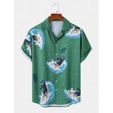 Mens Surfing Male Print Hem Cuff Short Sleeve Shirts